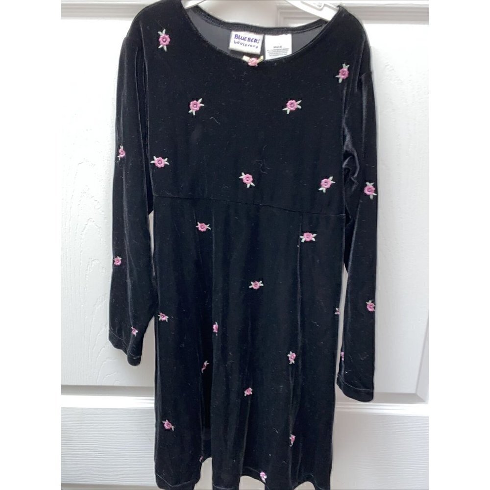 t  BLUEBERI dressy black embroidered flowers long sleeve knee length dre…